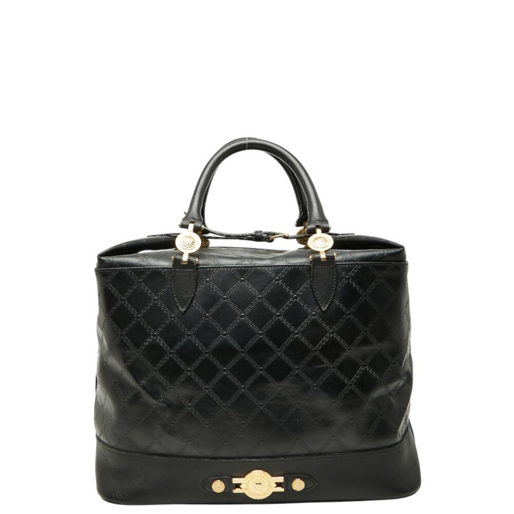 Versace Sunburst Greca Boston Bag Tote Black Gold Leather Women's VERSACE
